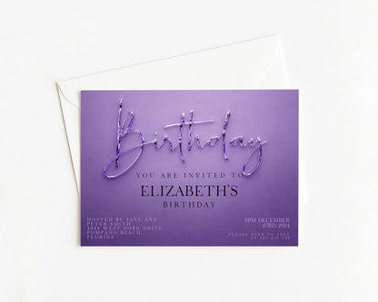 The image is a birthday invitation card with a purple background and text inviting guests to Elizabeth's birthday party.