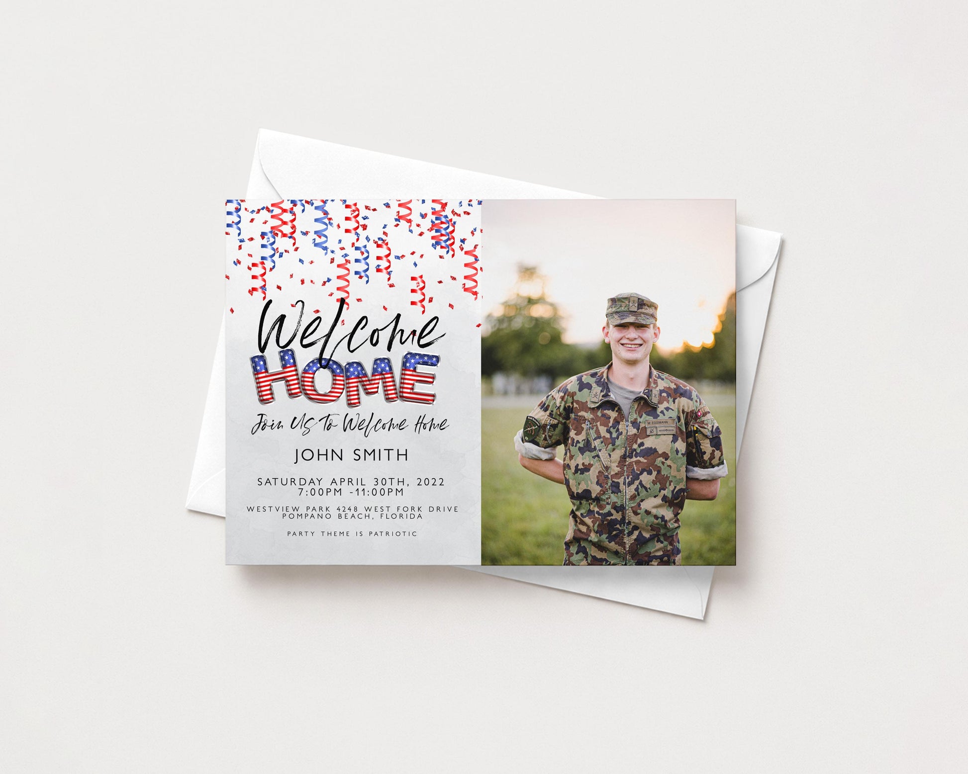The image is a welcome card for John Smith, who is a military veteran, with a photo of him in uniform. The card features text welcoming him home and includes details about the date and location of his arrival.