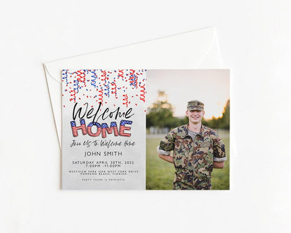 The image is a welcome home invitation featuring a photo of a smiling man in a military uniform, along with text welcoming someone to join us at our home.