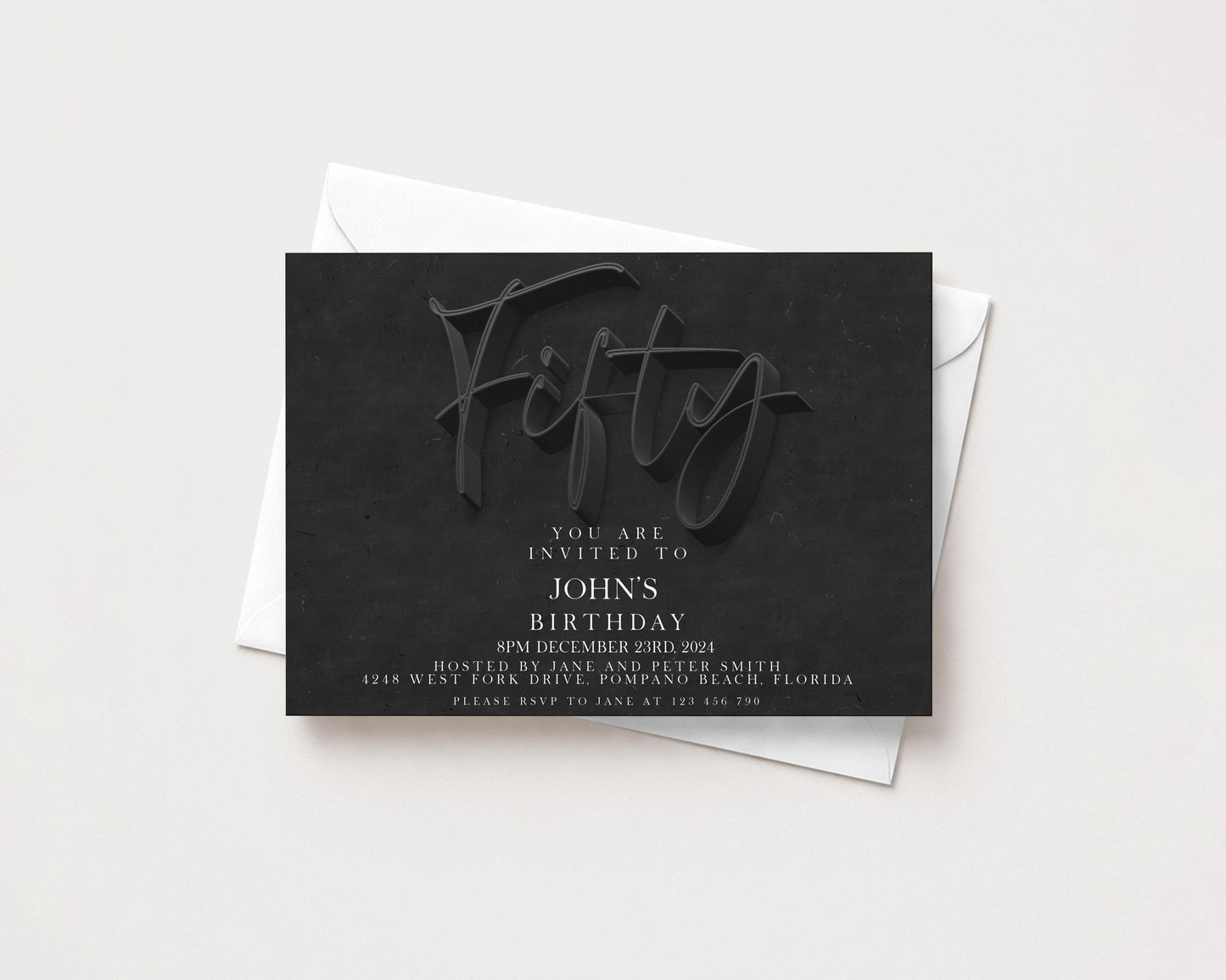 The image is a birthday invitation for John's party, which is scheduled for December 23, 2023, at Hosted by Jane and Peter Smith, located at 2248 West West, Florida. The invitation is addressed to you and invites you to join the celebration. Please RSVP to Jane at (336) 270.