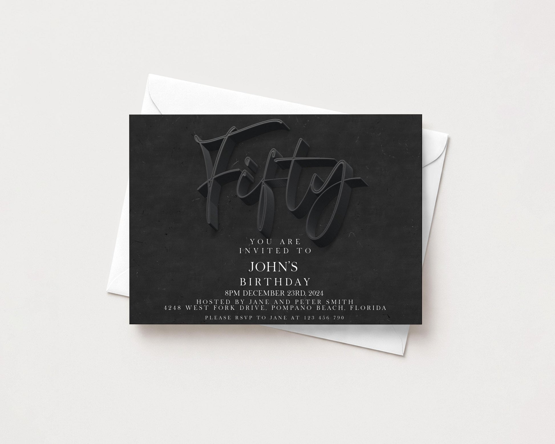 The image is a birthday invitation for John's party, which is scheduled for December 23, 2023, at Hosted by Jane and Peter Smith, located at 2248 West West, Florida. The invitation is addressed to you and invites you to join the celebration. Please RSVP to Jane at (336) 270.