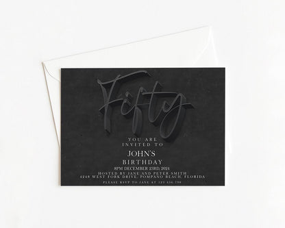 The image is a birthday invitation for John's, featuring the text "You are invited to John's Birthday" and providing details about the event, including the date, time, location, and hosts.