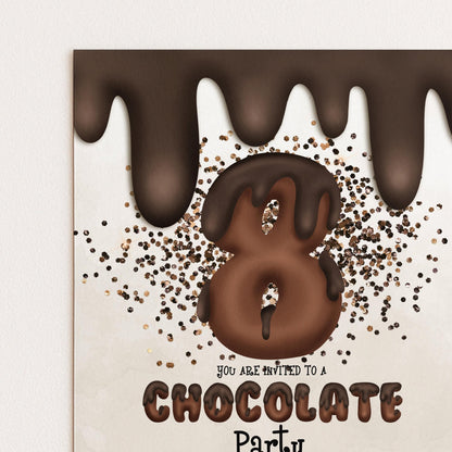 The image is a chocolate-themed party invitation with a chocolate donut and chocolate drizzle as the central design element. The text on the invitation reads "You are invited to a chocolate party".