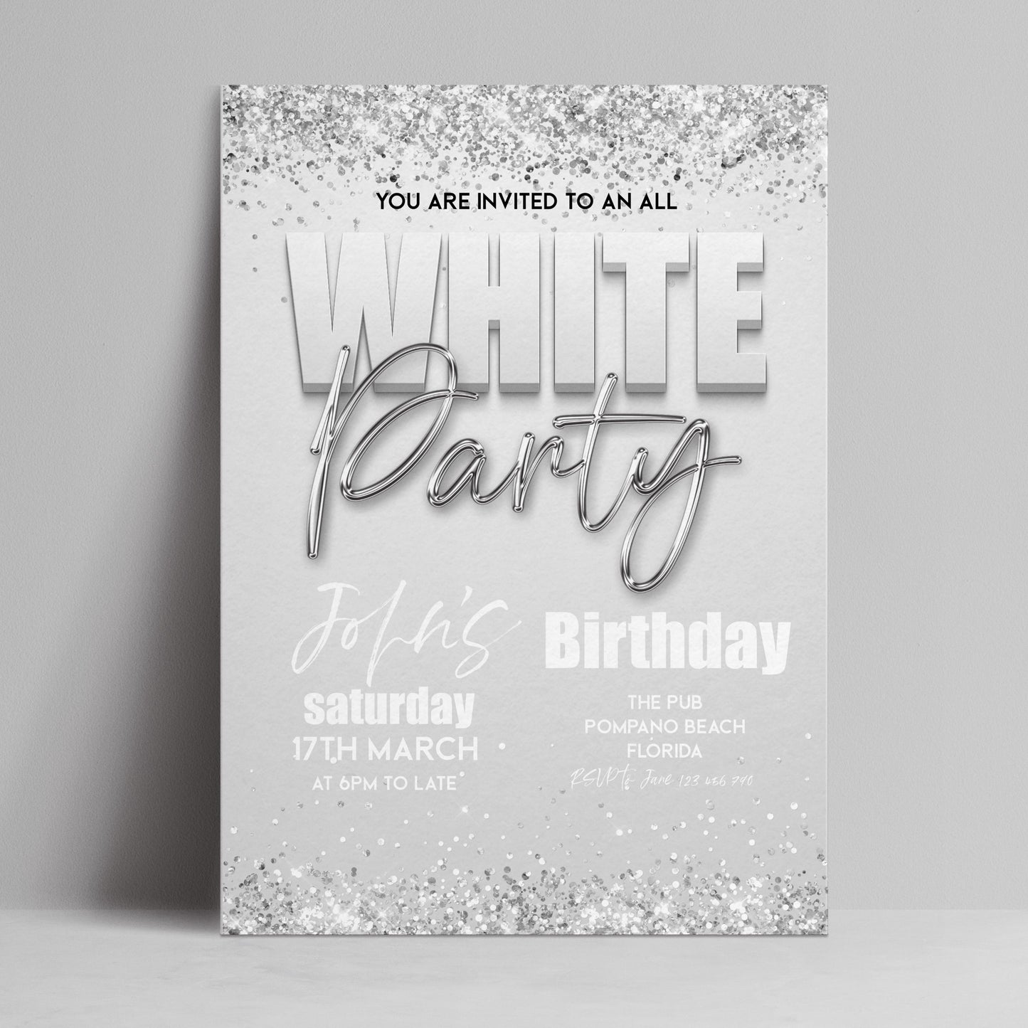 The image is a birthday party invitation for John's birthday party. It is a silver and white design with a glittery border. The text invites guests to an all-you-can-eat party on Saturday, 17th March at 6pm to late.