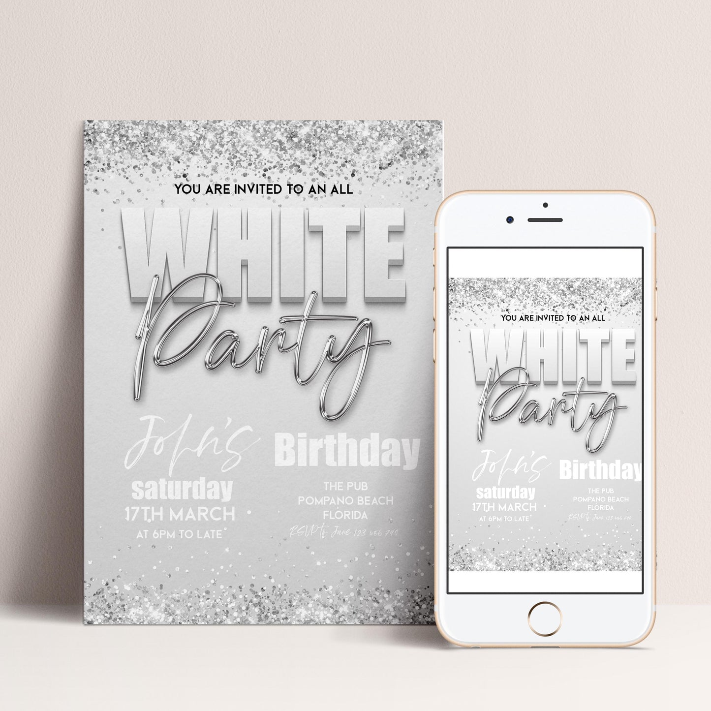 The image is a birthday party invitation for John's birthday party. It is a poster and a mobile phone image, both featuring the same design and text.