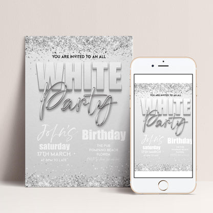The image is a birthday party invitation for John's birthday party. It is a poster and a mobile phone image, both featuring the same design and text.
