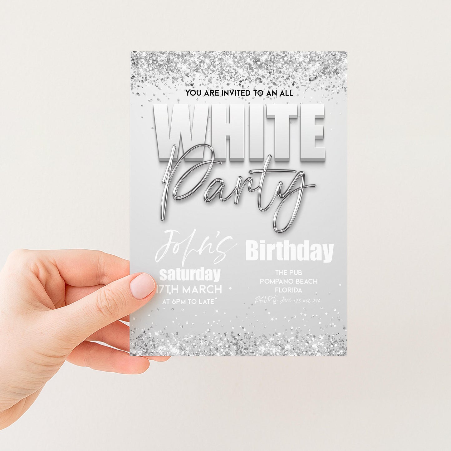 The image is a birthday party invitation for John's birthday party on Saturday, the 7th at the Pompano Beach, Florida.