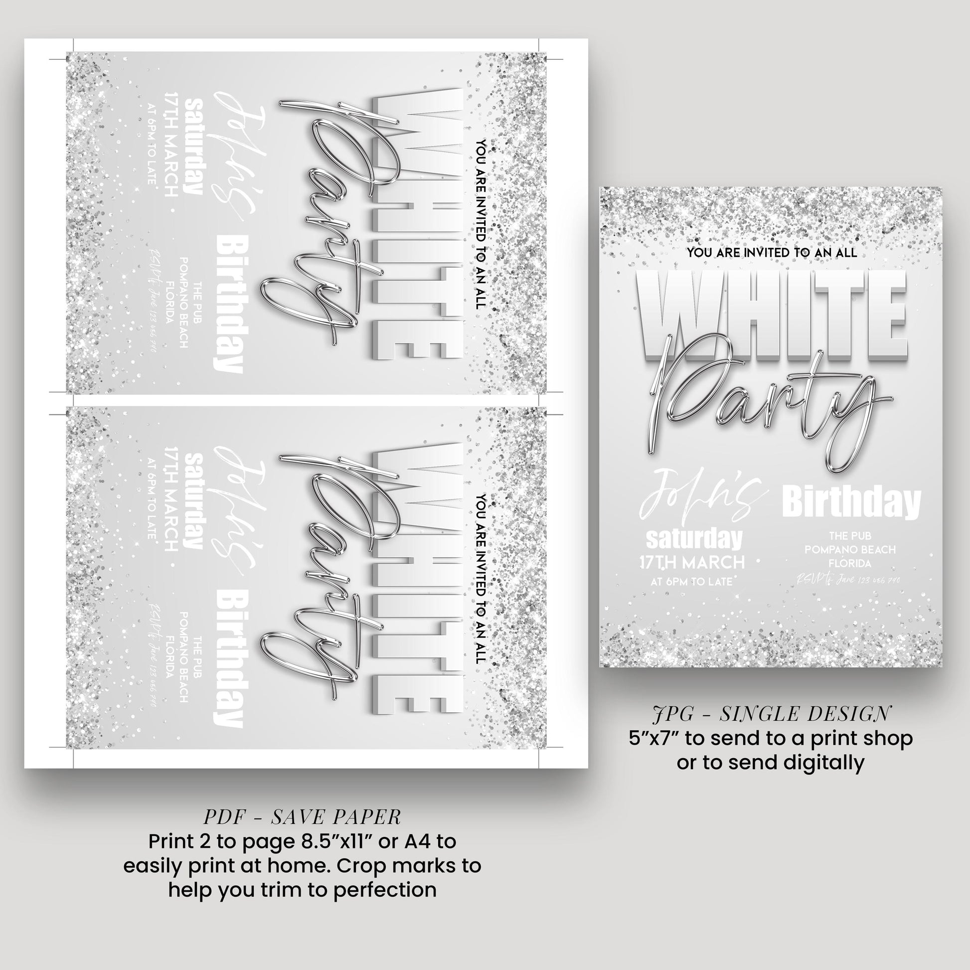 The image is a single design invitation for a birthday party, featuring a white background with text and graphics.