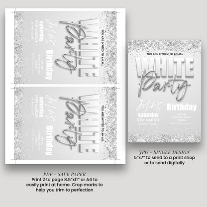The image is a single design invitation for a birthday party, featuring a white background with text and graphics.