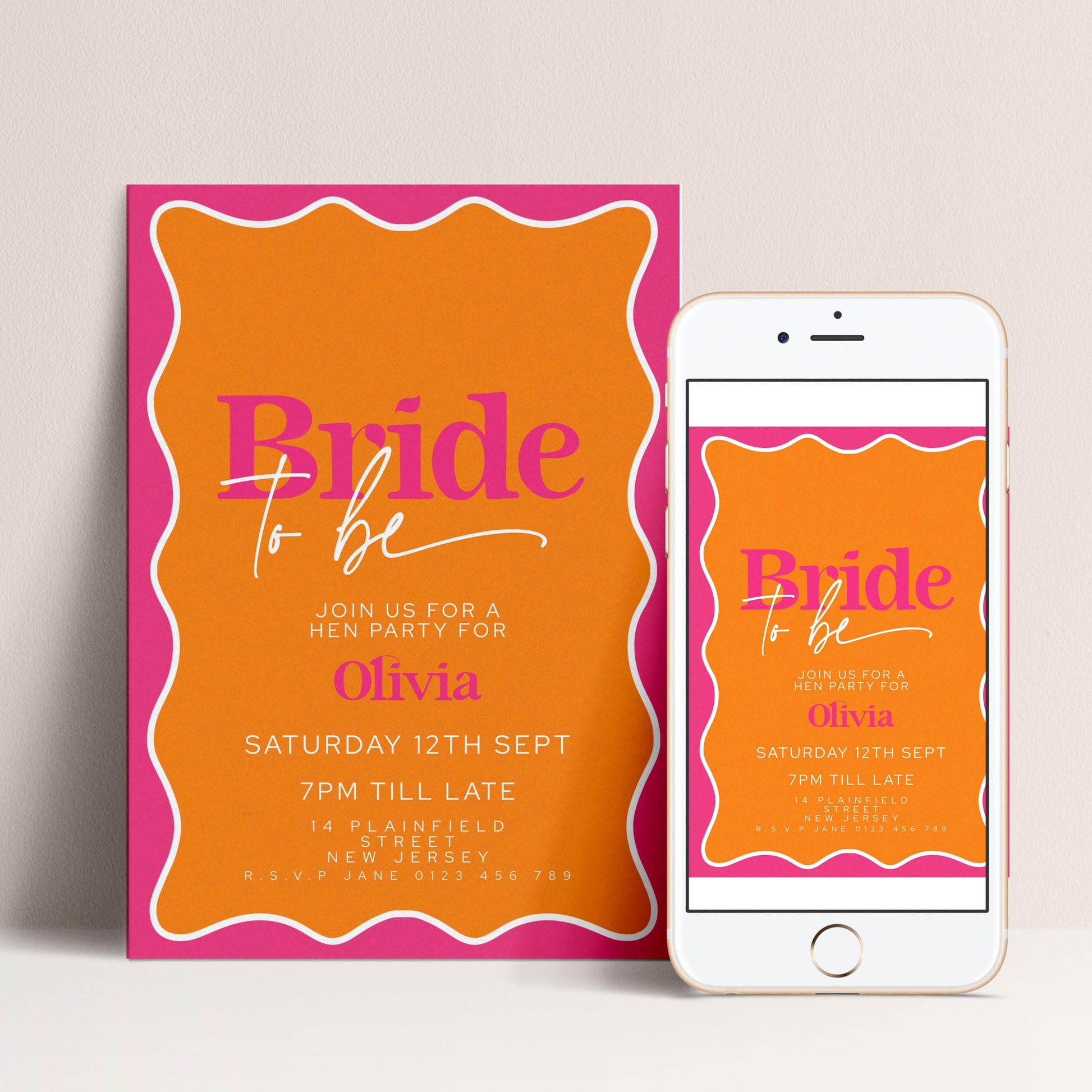 a bride to be invitation and a smartphone displaying the same invitation.