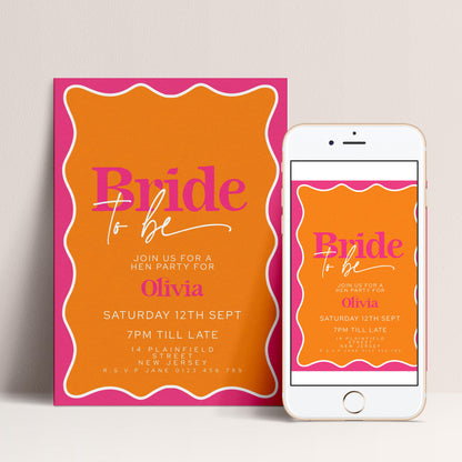 a bride to be invitation and a smartphone displaying the same invitation.