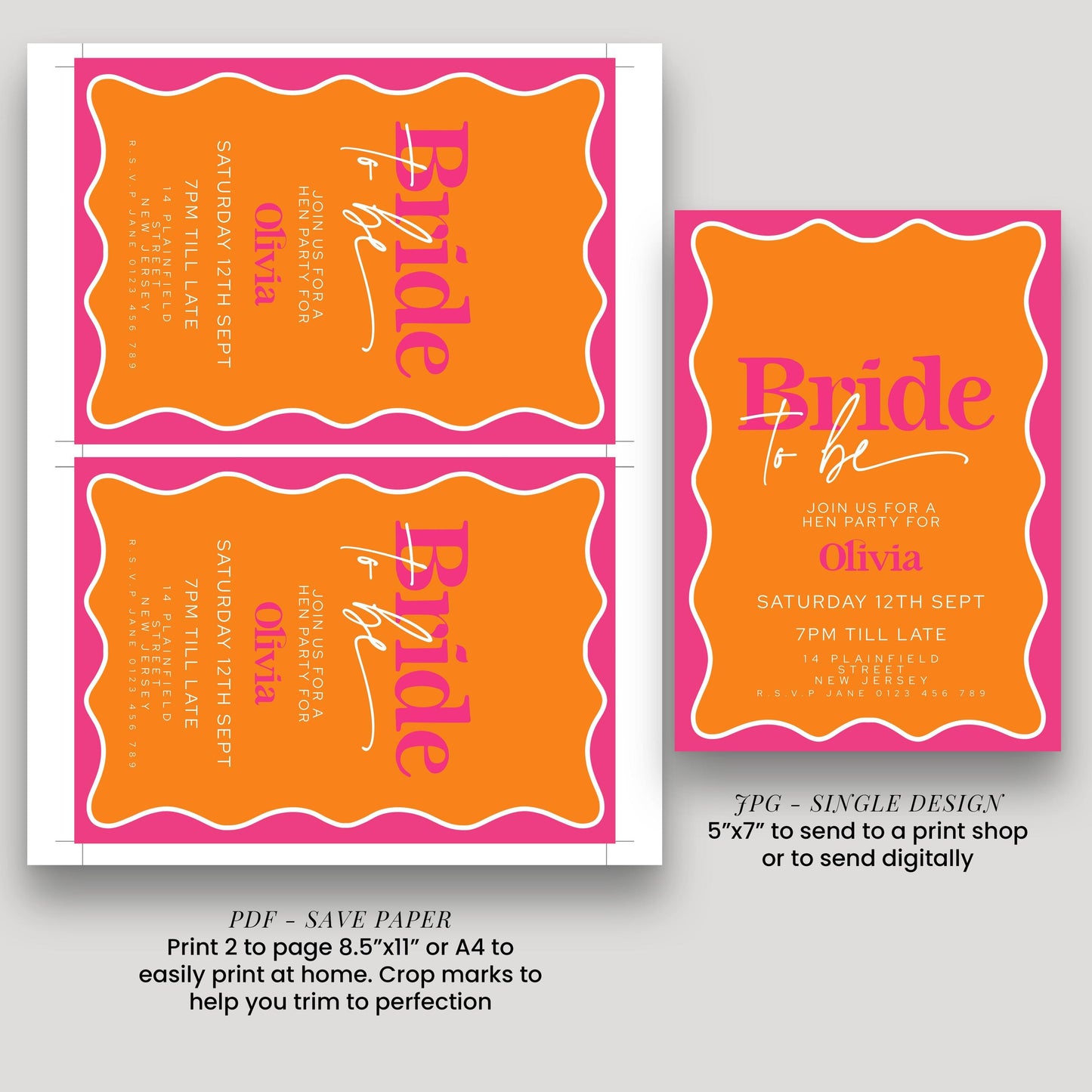 a bride to be invitation design with a pink and orange color scheme. The design includes text and graphics that provide details about the event, such as the date, time, location, and theme. The invitation is printed on a save paper, which can be used to print two pages of the design, 8.5"x11" or 4"x4". The design also includes a 7.5"x7" or 4"x4" stamp, which can be used to send the invitation to a print shop or digitally send it to the recipient.