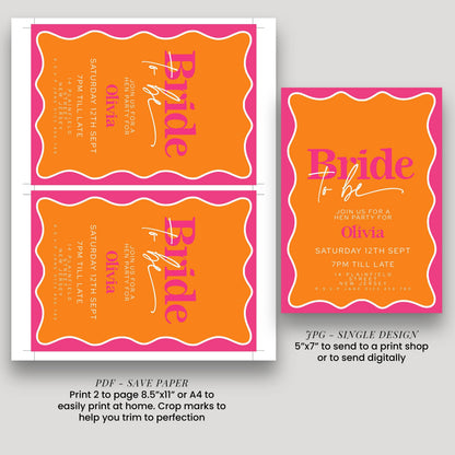 a bride to be invitation design with a pink and orange color scheme. The design includes text and graphics that provide details about the event, such as the date, time, location, and theme. The invitation is printed on a save paper, which can be used to print two pages of the design, 8.5"x11" or 4"x4". The design also includes a 7.5"x7" or 4"x4" stamp, which can be used to send the invitation to a print shop or digitally send it to the recipient.