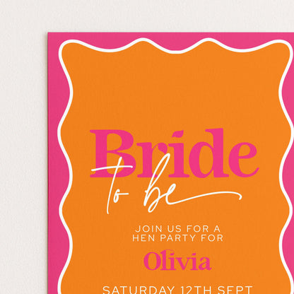 The image is a wedding invitation card for a bridal party, featuring the text "Bridie to be" in pink and orange, along with details about the event.