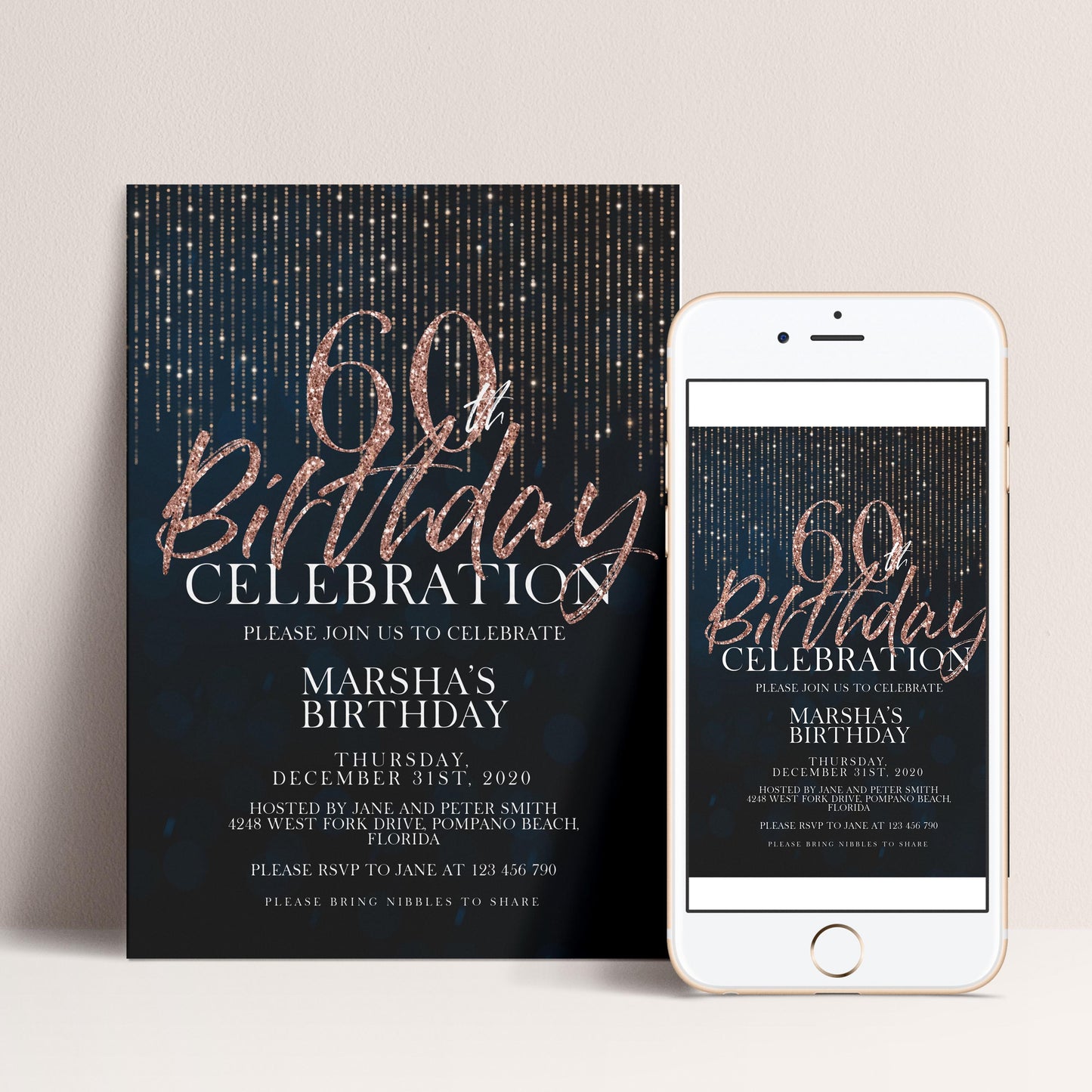 a birthday party invitation for a 60th birthday celebration. The invitation features a black background with gold glitter and text, and is accompanied by a smartphone displaying a similar invitation.