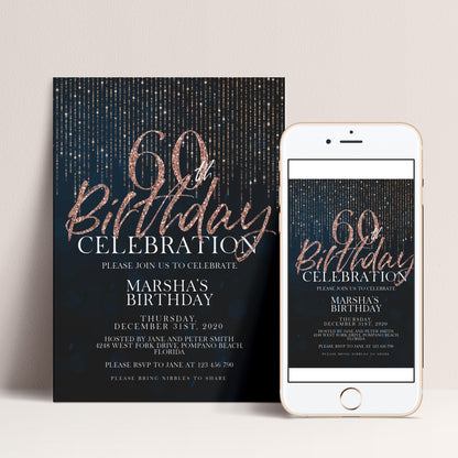 a birthday party invitation for a 60th birthday celebration. The invitation features a black background with gold glitter and text, and is accompanied by a smartphone displaying a similar invitation.