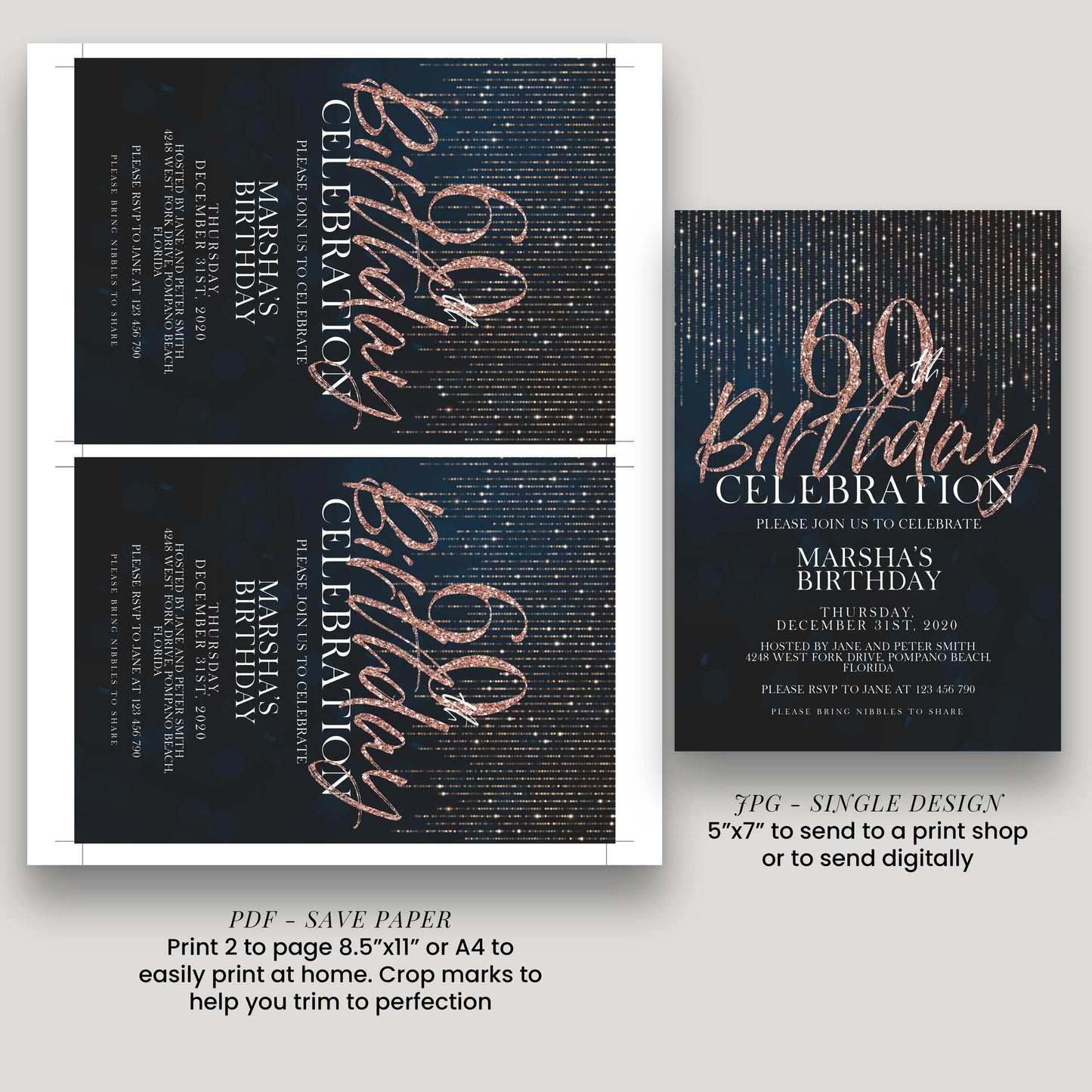 two birthday party invitation designs for a 60th birthday celebration. The invitations feature a dark blue background with a glittery gold and black design, and the text invites guests to a party to celebrate Marsh's 60th birthday.