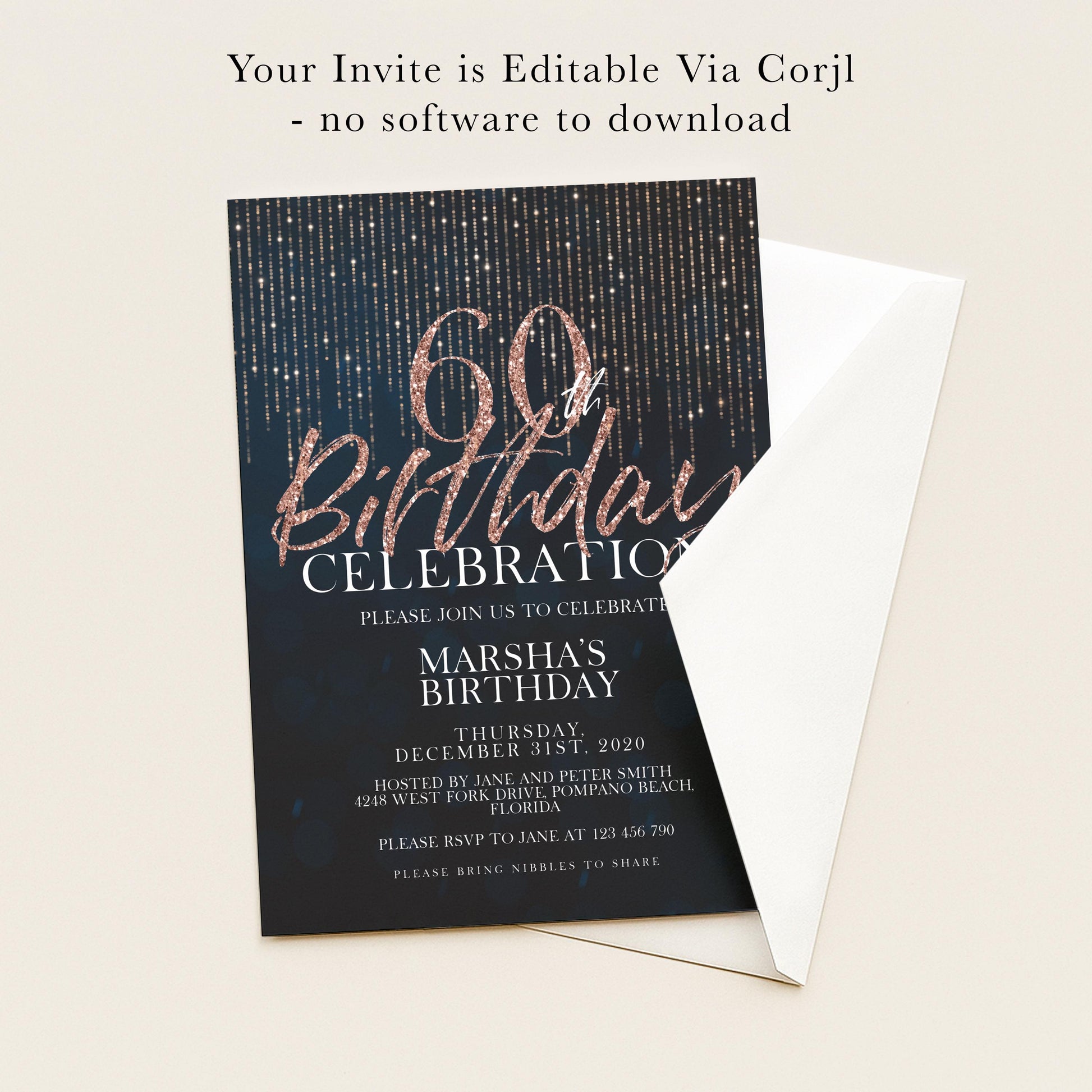The image is a birthday party invitation for someone's 60th birthday celebration.