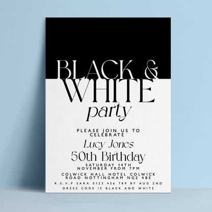 The image is a birthday party invitation for Lucy Jones, celebrating her 50th birthday. The invitation is black and white and includes details about the party, such as the date, time, location, and dress code.