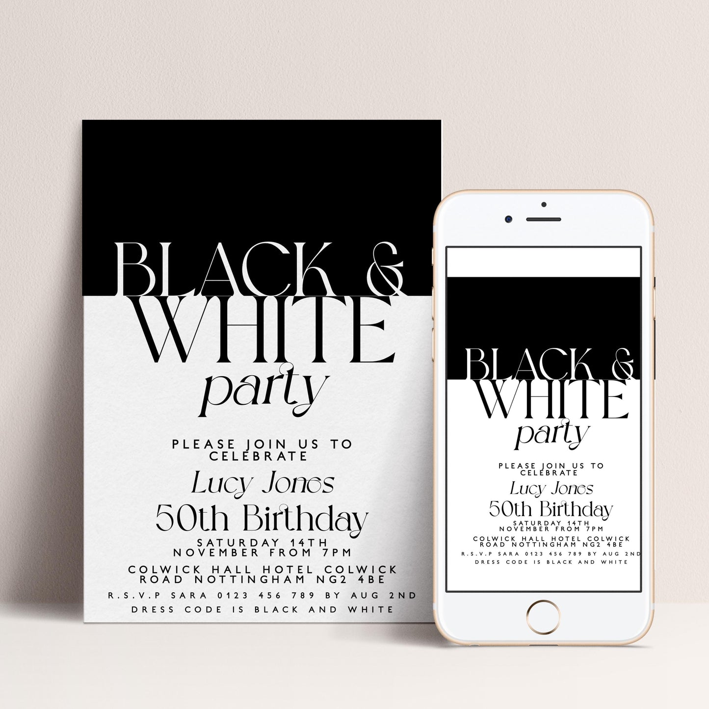 The image is a black and white invitation for a party, featuring the text "Black & White party" in a large font.