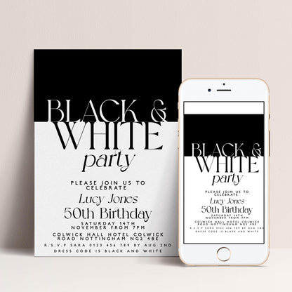 The image is a black and white invitation for a party, featuring the text "Black & White party" in a large font.