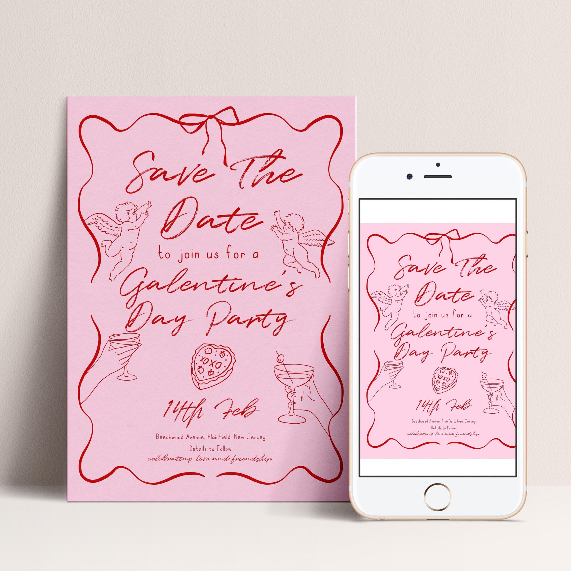 The image is a pink invitation card for a Galentine's Day party, featuring a pink background with red text and illustrations.