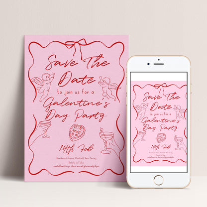 The image is a pink invitation card for a Galentine's Day party, featuring a pink background with red text and illustrations.
