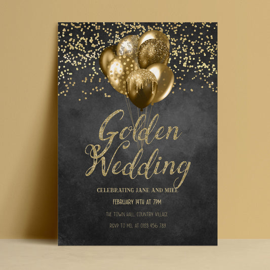 The image is a wedding invitation featuring gold balloons and confetti against a black background.