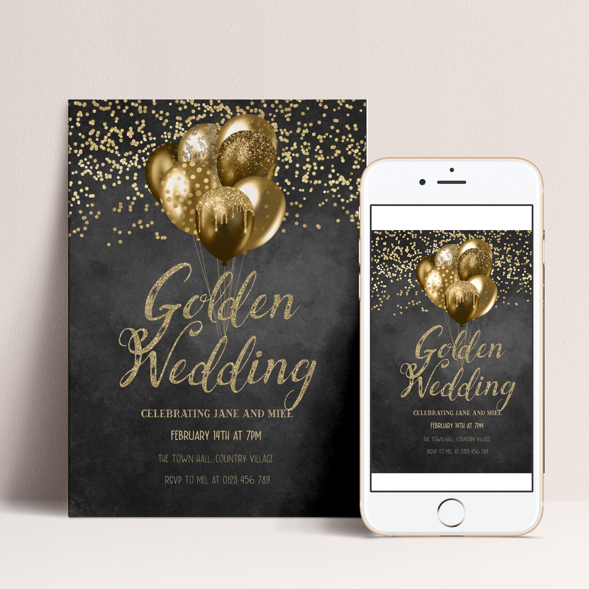 The image is a wedding invitation featuring gold balloons and confetti against a black background.