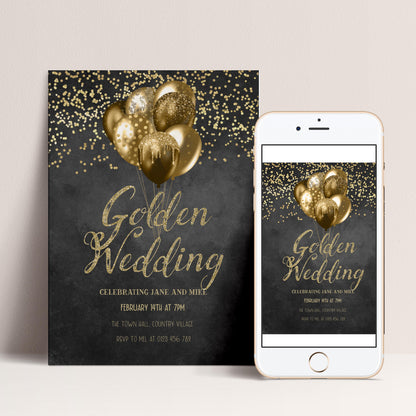 The image is a wedding invitation featuring gold balloons and confetti against a black background.