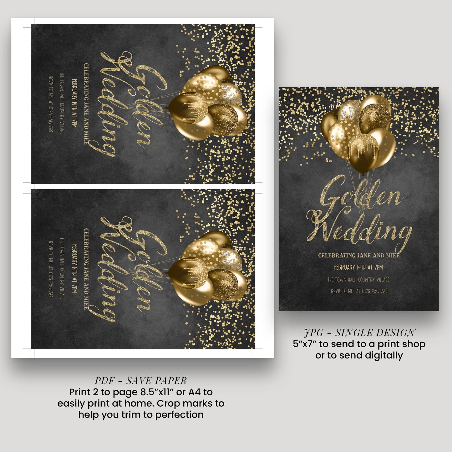 a collection of wedding invitation designs, including a black and gold design with gold balloons and sparkles, and a black and gold design with gold balloons and sparkles.