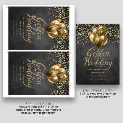 a collection of wedding invitation designs, including a black and gold design with gold balloons and sparkles, and a black and gold design with gold balloons and sparkles.