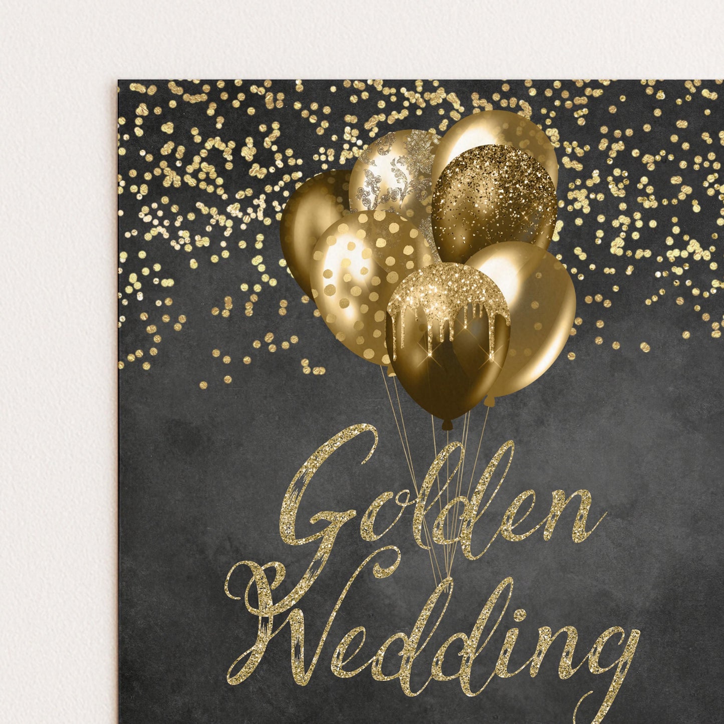 a group of gold balloons floating against a dark background with scattered gold glitter.