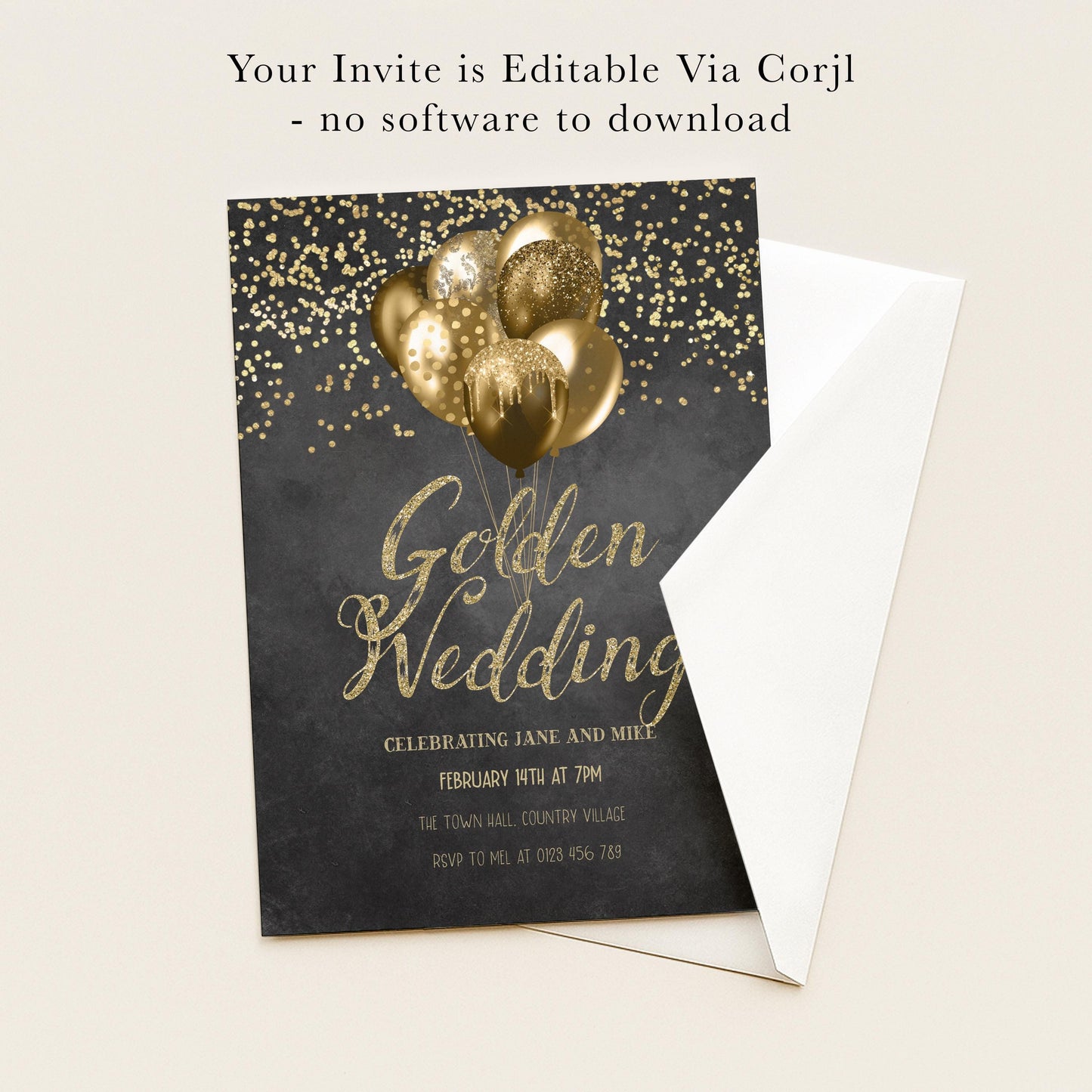 The image is a wedding invitation card with a black background and gold foil balloons. The text on the card reads "Golden Wedding" and "Celebrating Jane and Mike" along with the date and time of the event.