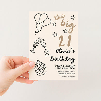 The image is a birthday invitation card for a 21st birthday celebration.