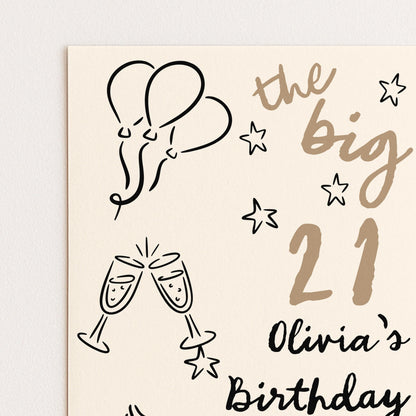 The image is a birthday card for a 21-year-old named Olivia. It features various elements such as balloons, stars, and a champagne glass, all arranged in a celebratory manner.