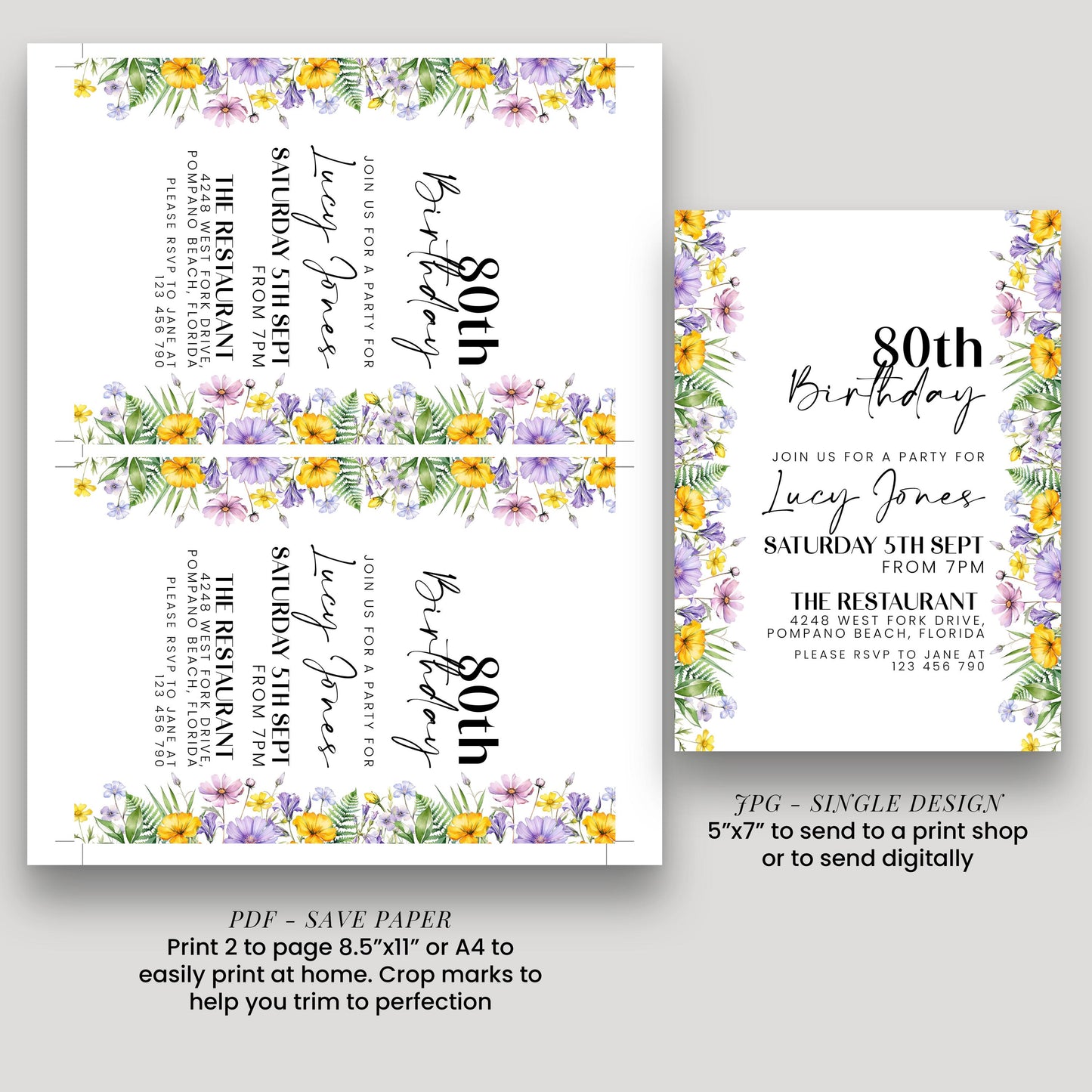 a birthday party invitation for Lucy Jones' 80th birthday party. The invitation is designed with a floral border and includes details about the party, such as the date, time, location, and RSVP information.
