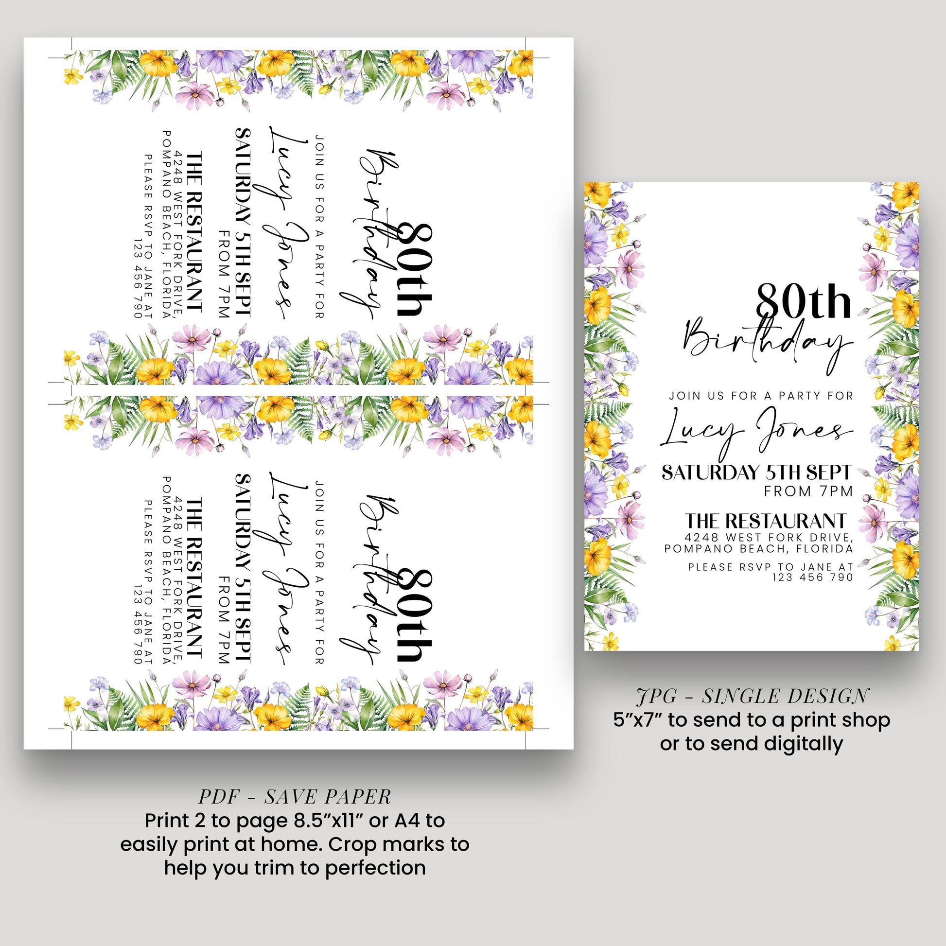 a birthday party invitation for Lucy Jones' 80th birthday party. The invitation is designed with a floral border and includes details about the party, such as the date, time, location, and RSVP information.