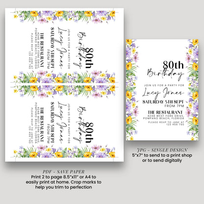 a birthday party invitation for Lucy Jones' 80th birthday party. The invitation is designed with a floral border and includes details about the party, such as the date, time, location, and RSVP information.