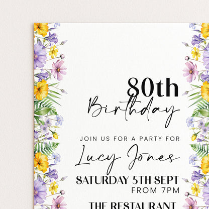 The image is a birthday invitation for a party for Lucy Jones, celebrating her 80th birthday.
