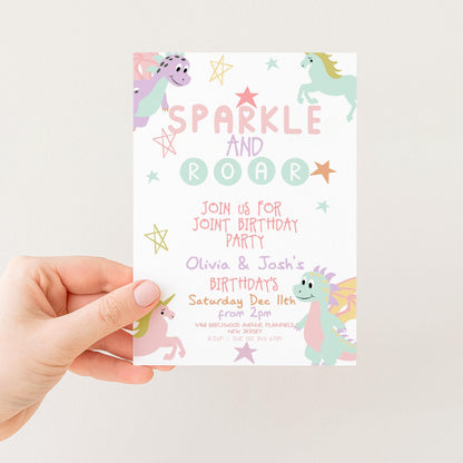 The image is a birthday party invitation featuring colorful illustrations of dragons and stars, with the text "Sparkle and Roar" and "Join us for JOINT BIRTHDAY PARTY".