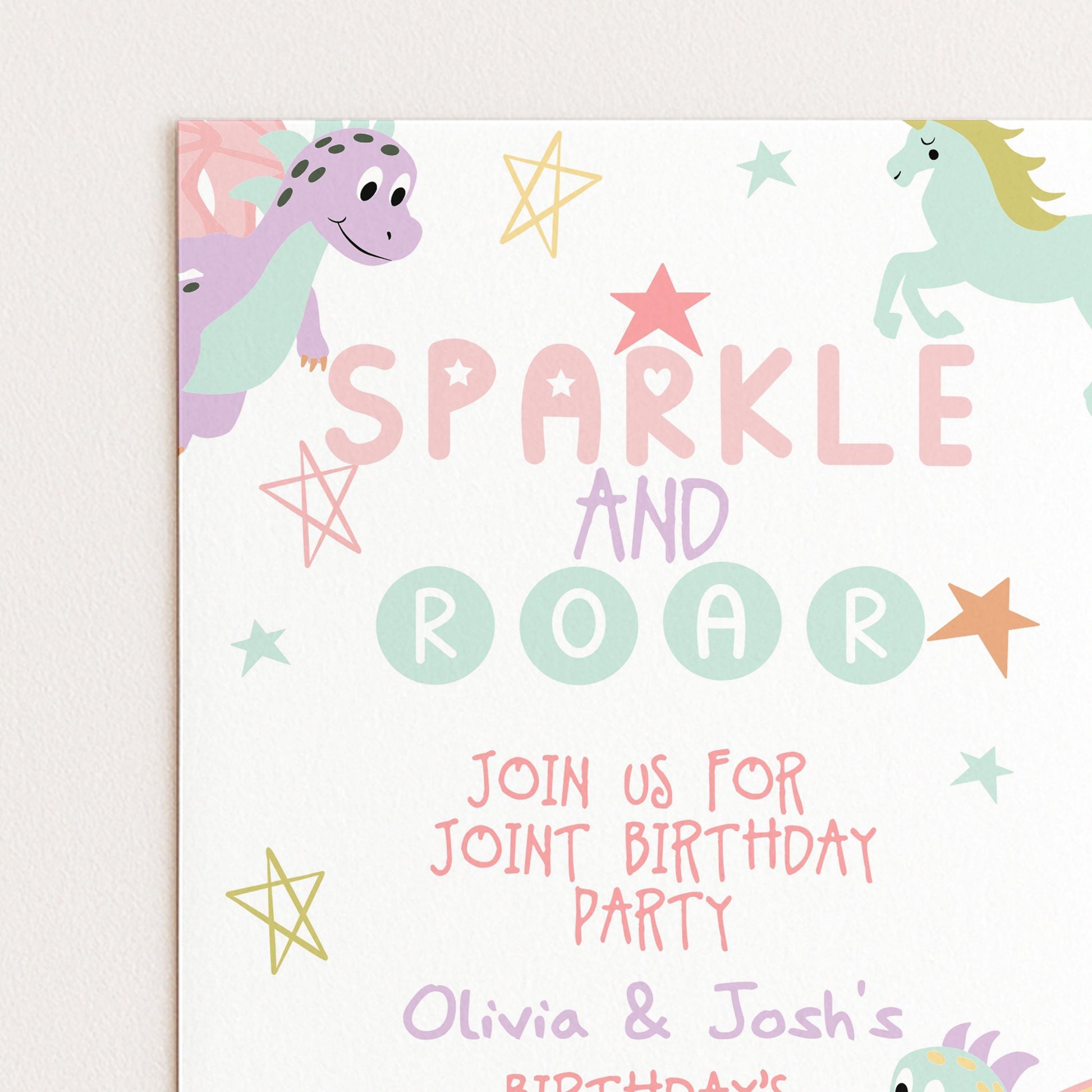 The image is a birthday party invitation featuring a dragon and a unicorn, with the text "SPARKLE AND ROAR" and inviting guests to a joint birthday party.