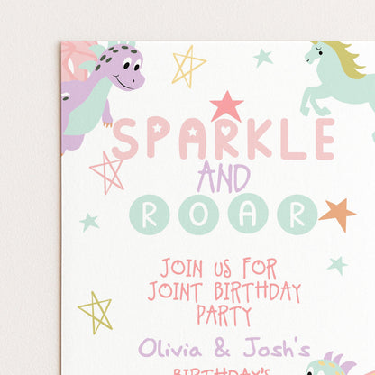 The image is a birthday party invitation featuring a dragon and a unicorn, with the text "SPARKLE AND ROAR" and inviting guests to a joint birthday party.