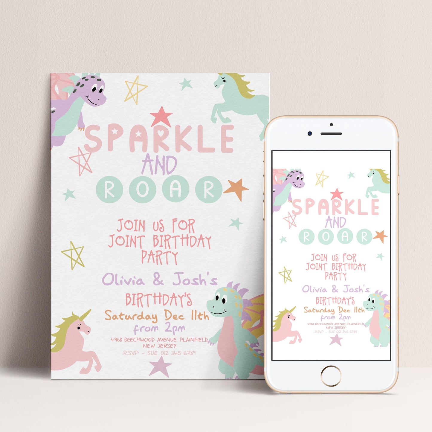 The image is a birthday party invitation featuring a sparkly and roar theme, with illustrations of unicorn and dragon characters. The invitation is designed to be displayed on a poster and a smartphone screen, both of which are white in color.