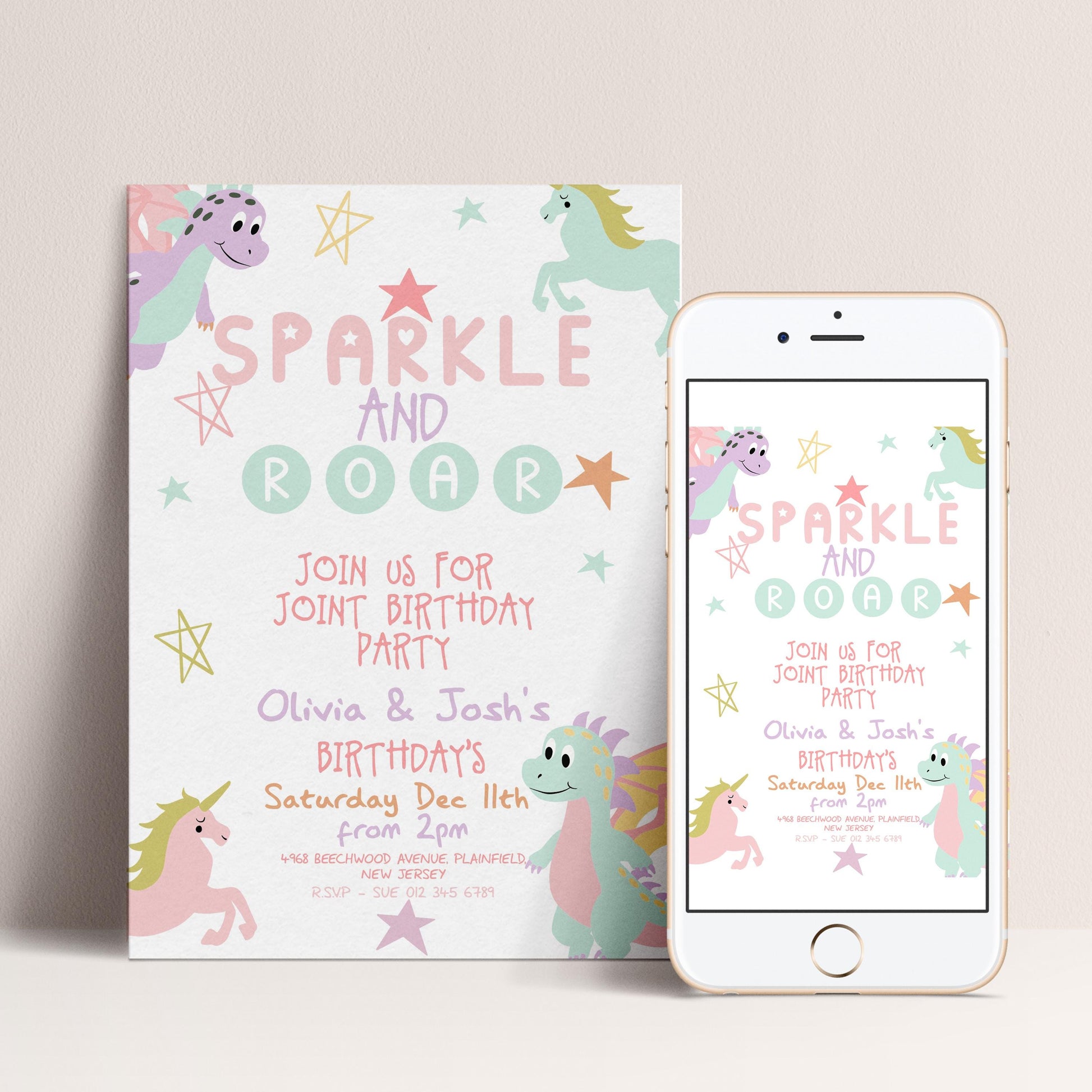 The image is a birthday party invitation featuring a sparkly and roar theme, with illustrations of unicorn and dragon characters. The invitation is designed to be displayed on a poster and a smartphone screen, both of which are white in color.