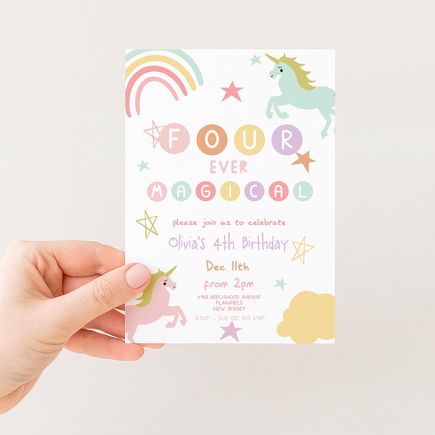The image is a birthday invitation for a 4th birthday party, featuring a unicorn and a rainbow.