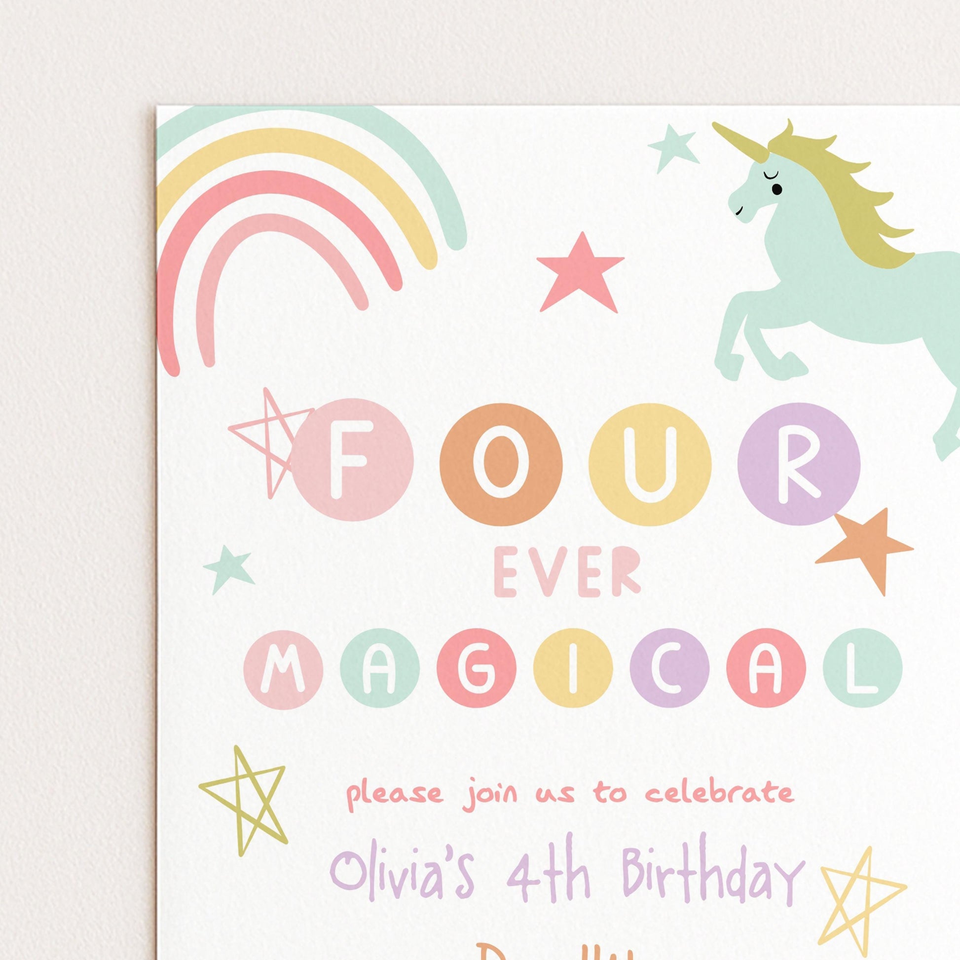 The image is a birthday invitation for a 4th birthday party, featuring a unicorn, stars, and the text "FOUR EVER MAGICAL" along with the names "Olivia's 4th Birthday" and "Diana's".