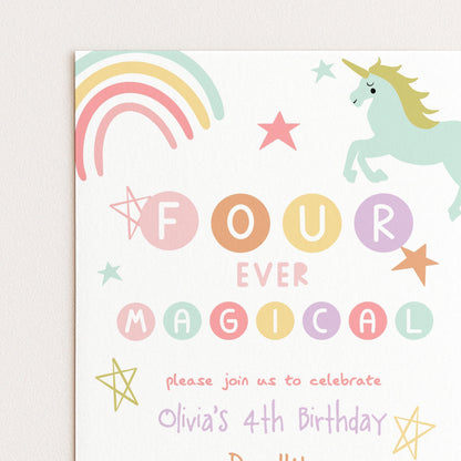 The image is a birthday invitation for a 4th birthday party, featuring a unicorn, stars, and the text "FOUR EVER MAGICAL" along with the names "Olivia's 4th Birthday" and "Diana's".