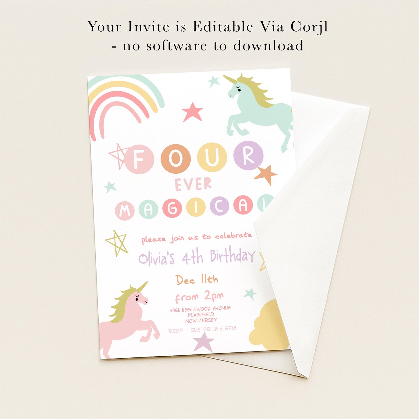 The image is a birthday invitation for a 4th birthday party, featuring a unicorn and stars as the main design elements.