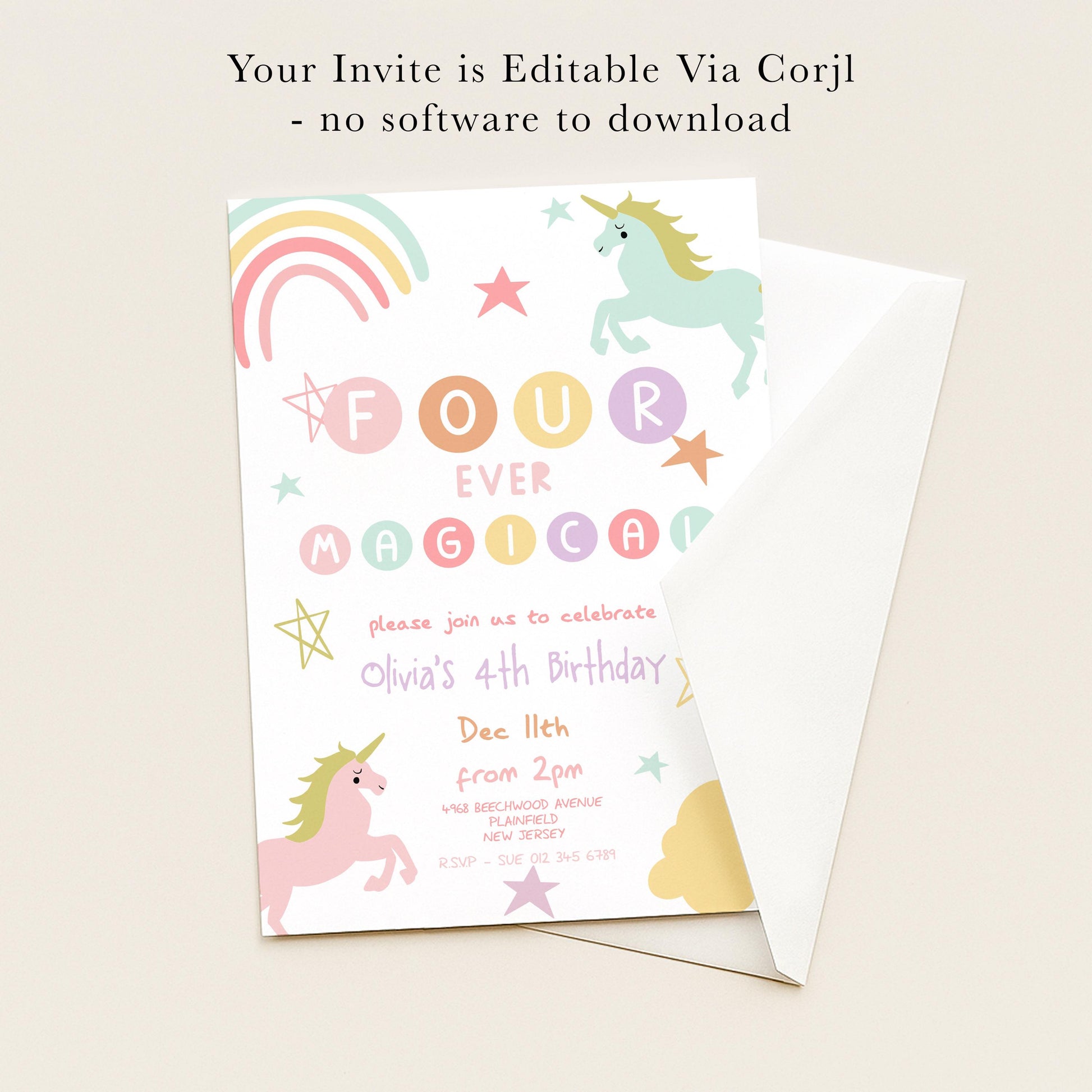 The image is a birthday invitation for a 4th birthday party, featuring a unicorn and stars as the main design elements.
